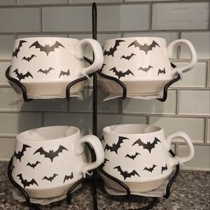 New Bat Print Coffee Mug Set of 4 with Holder Stand